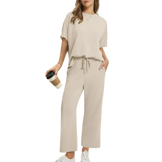 Half Sleeve Top and Drawstring Pants Set – Beige