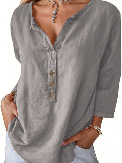 Cotton V-Neck Button Detail Blouse – Grey
