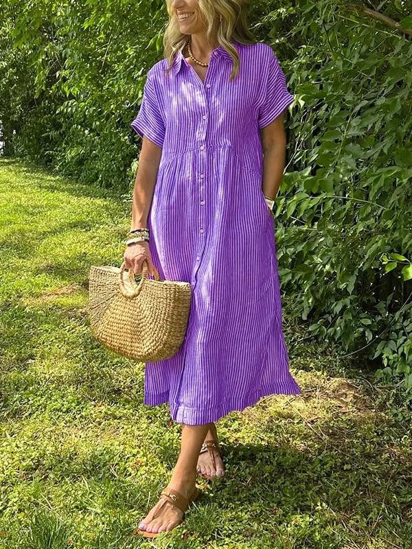 Striped Lapel Collar Button Shirt Dress – Purple
