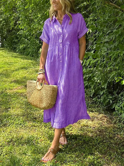 Striped Lapel Collar Button Shirt Dress – Purple