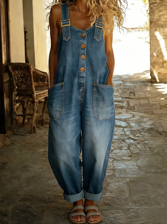Wide Leg Denim Overalls with Buckle Straps – Denim
