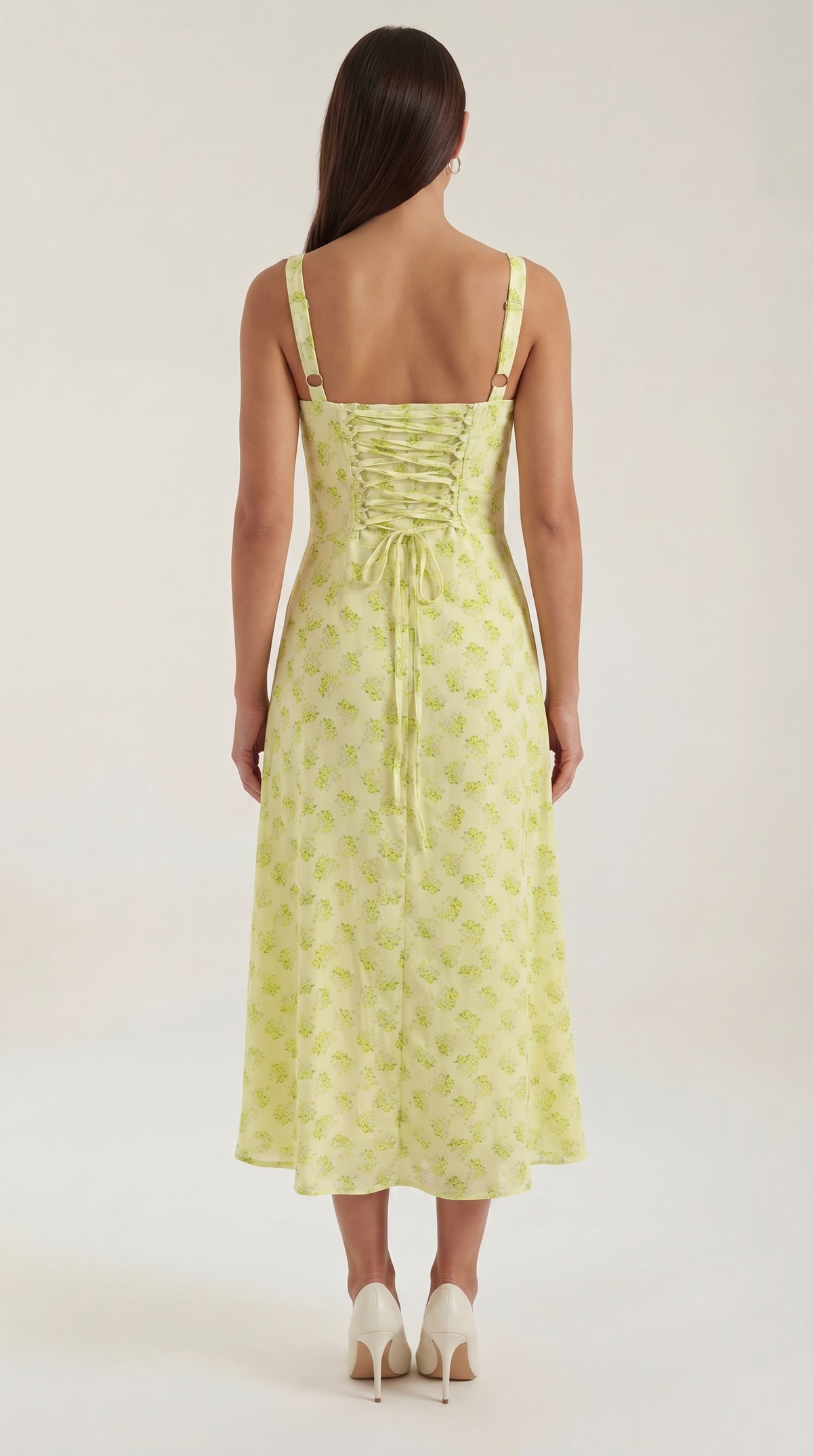 Floral Lace-Up Sweetheart Midi Dress in Yellow – back view showing lace-up back