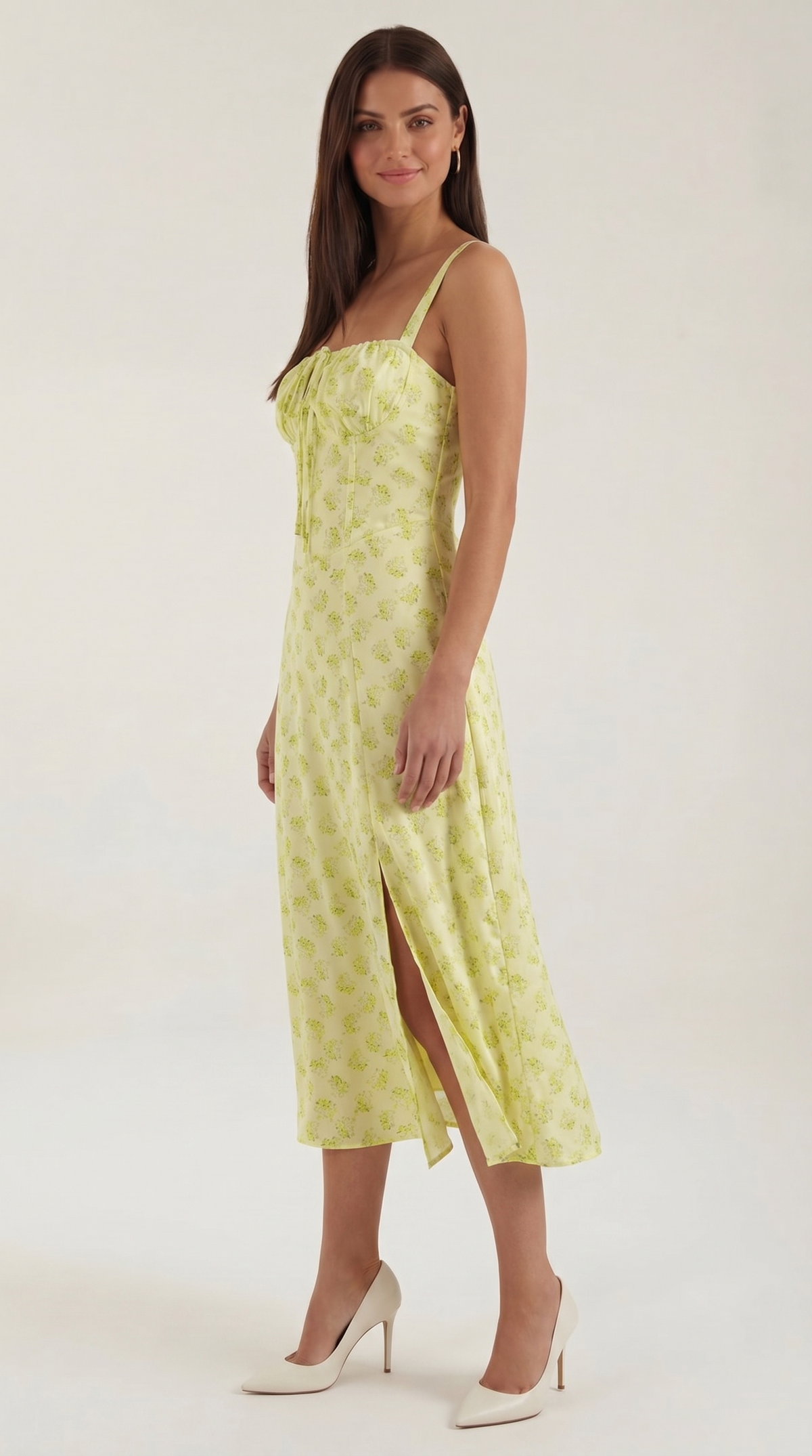 Floral Lace-Up Sweetheart Midi Dress in Yellow – side view