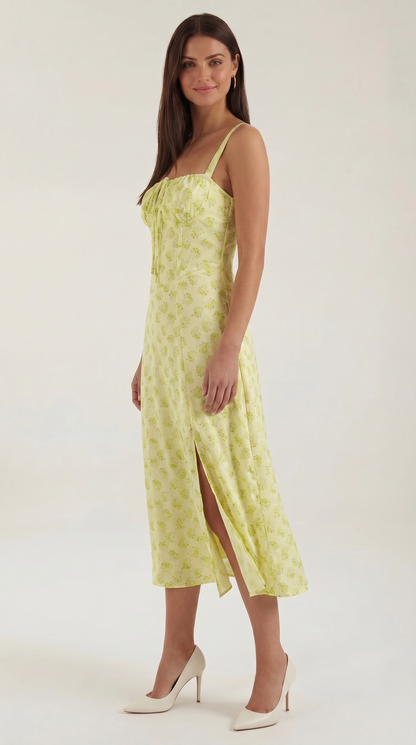 Floral Lace-Up Sweetheart Midi Dress in Yellow – side view