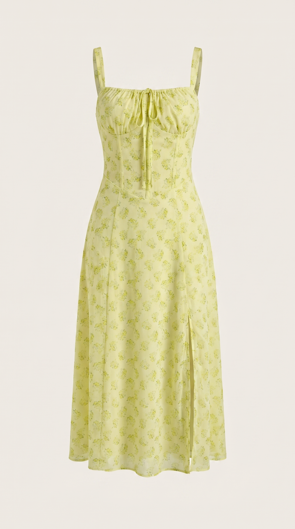 Floral Lace-Up Sweetheart Midi Dress in Yellow – flat-lay product shot