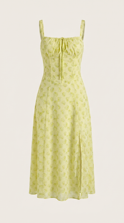 Floral Lace-Up Sweetheart Midi Dress in Yellow – flat-lay product shot