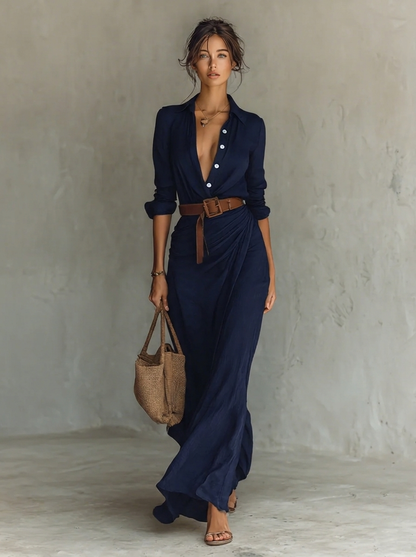 Lace Collar Flowing Maxi Dress – Navy