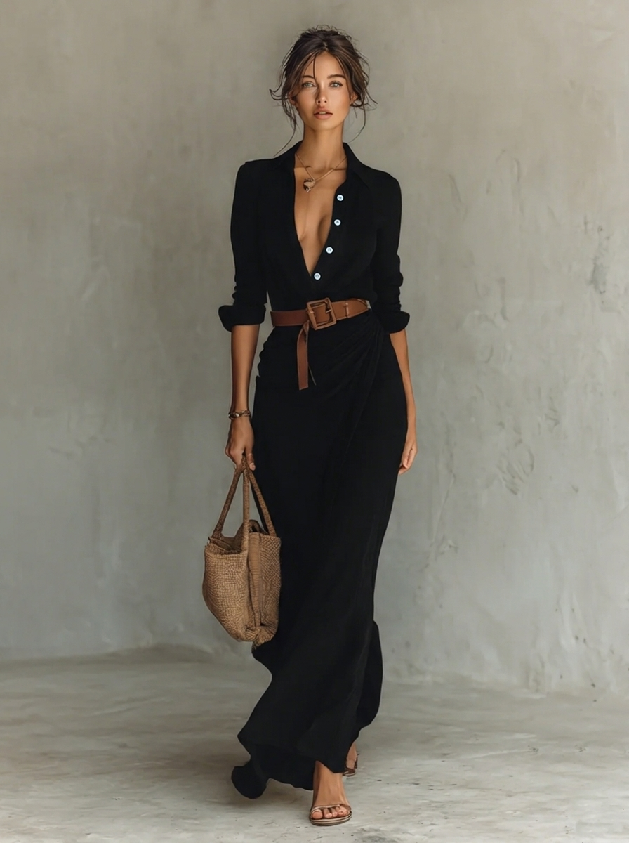 Lace Collar Flowing Maxi Dress – Black