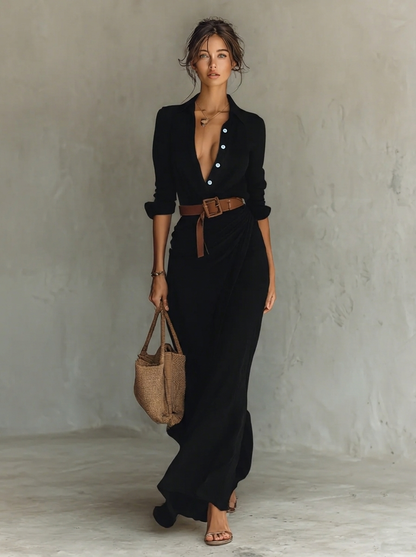 Lace Collar Flowing Maxi Dress – Black
