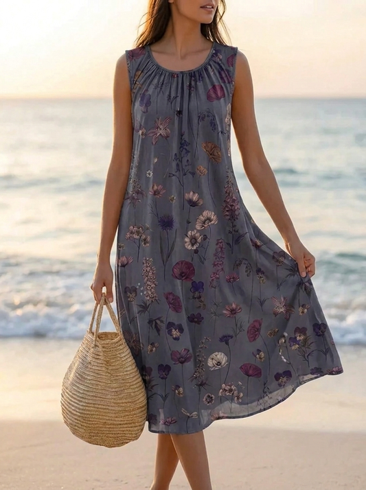 Vintage Floral Sleeveless Midi Dress – Multicolour
