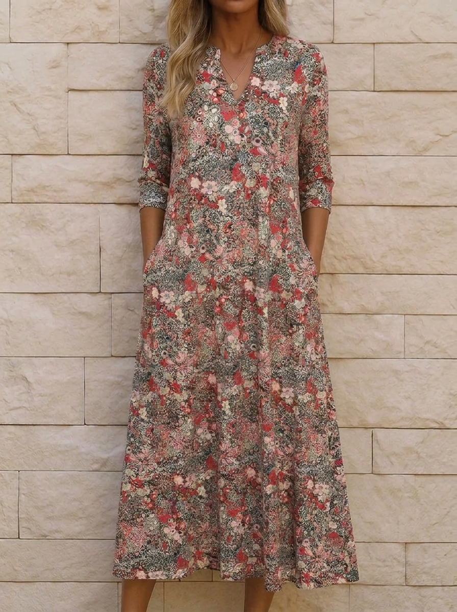V-Neck Flowing Midi Dress – Beige