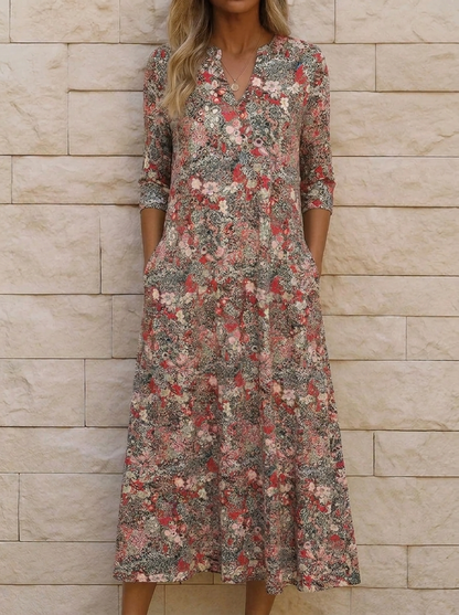 V-Neck Flowing Midi Dress – Beige