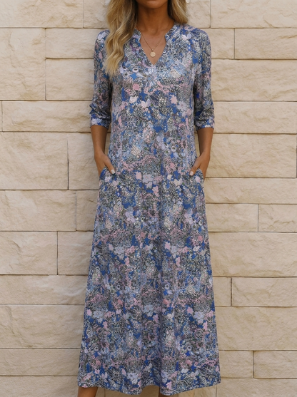 V-Neck Flowing Midi Dress – Blue