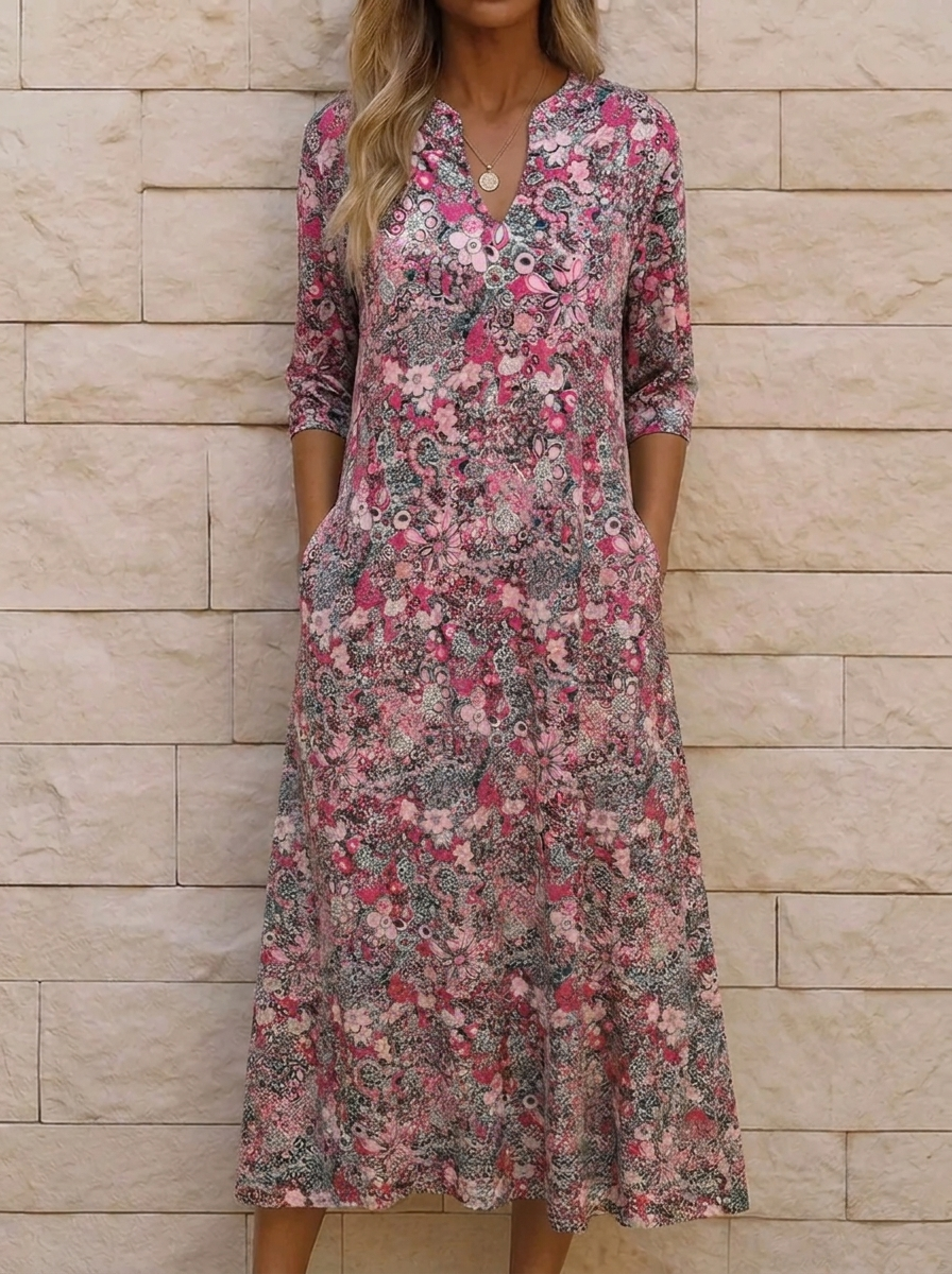 V-Neck Flowing Midi Dress – Pink