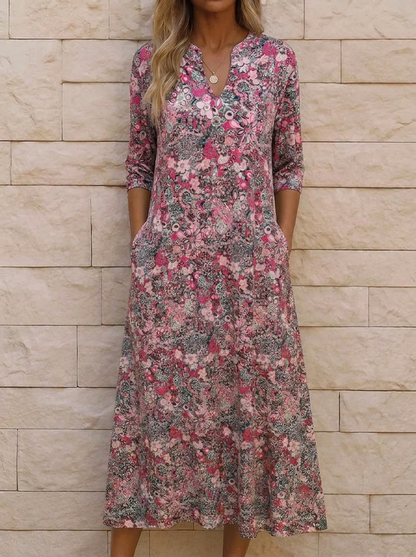 V-Neck Flowing Midi Dress – Pink