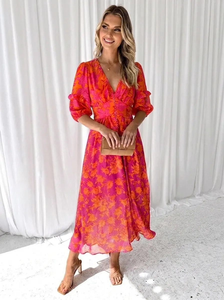 Floral Puff Sleeve V-Neck Midi Dress – Pink Orange