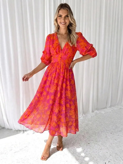 Floral Puff Sleeve V-Neck Midi Dress – view 3