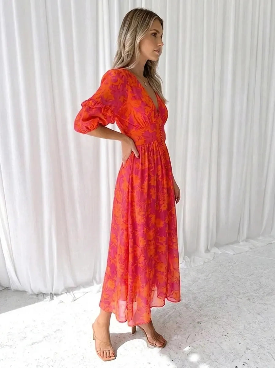 Floral Puff Sleeve V-Neck Midi Dress – view 2