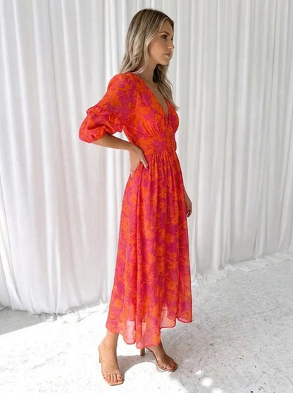 Floral Puff Sleeve V-Neck Midi Dress – view 2