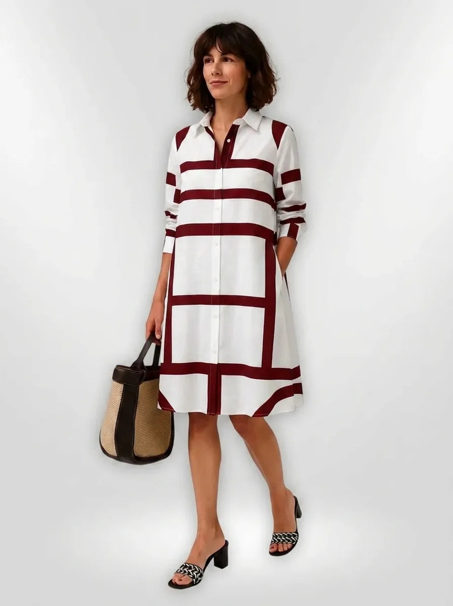 Geometric Print Collared A-Line Midi Dress – Red