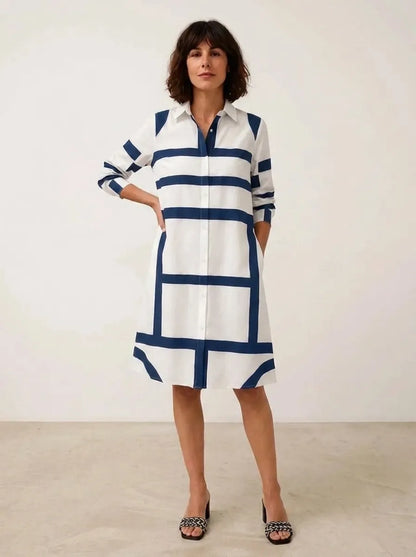 Geometric Print Collared A-Line Midi Dress