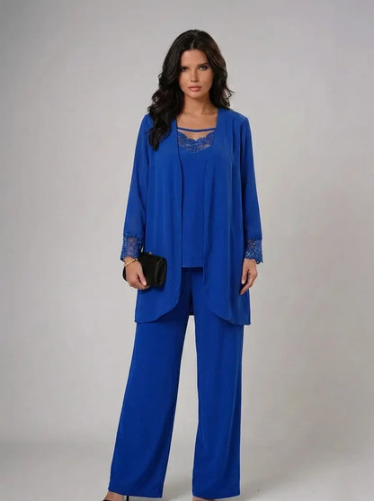 Lace Trim Three Piece Pants Set – Blue