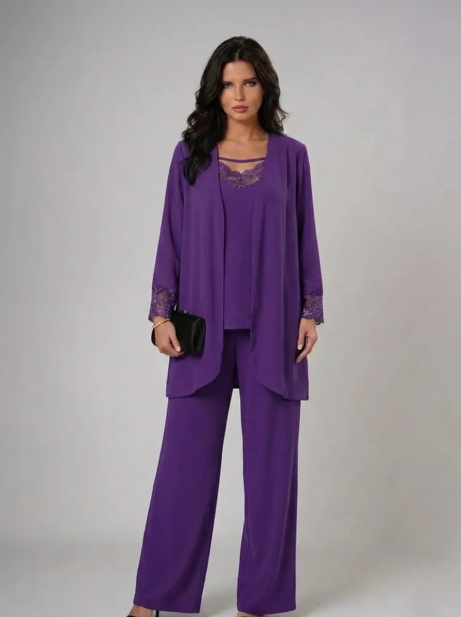 Lace Trim Three Piece Pants Set – Purple