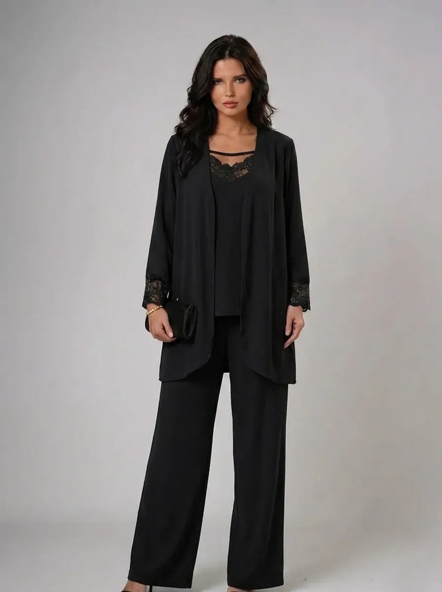Lace Trim Three Piece Pants Set – Black