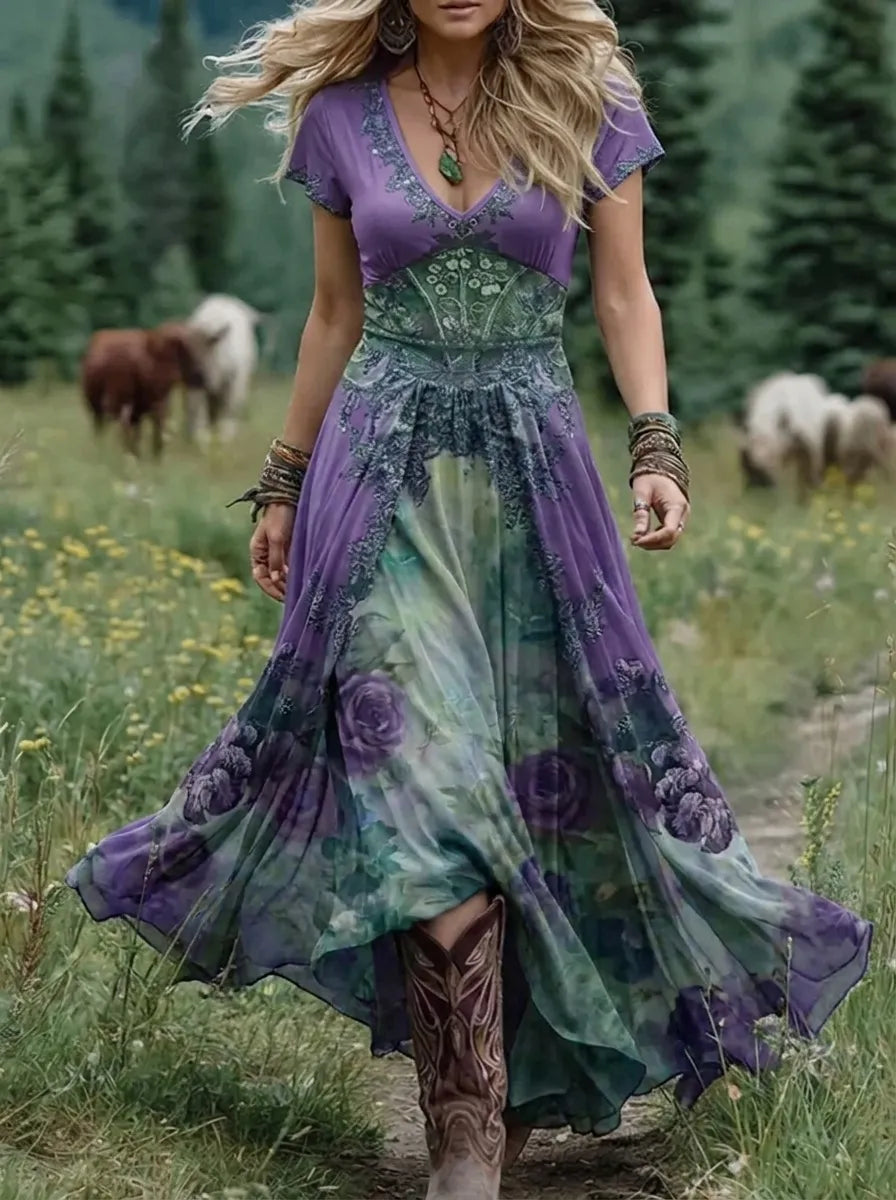 Floral V-Neck Short Sleeve Cotton Maxi Dress – Purple