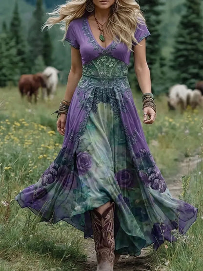 Floral V-Neck Short Sleeve Cotton Maxi Dress – Purple