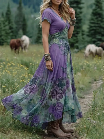 Floral V-Neck Short Sleeve Cotton Maxi Dress – view 2