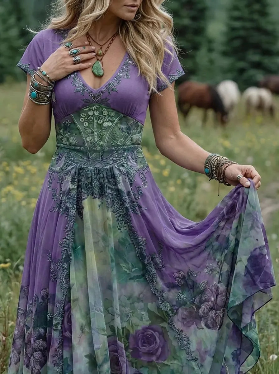 Floral V-Neck Short Sleeve Cotton Maxi Dress – view 3