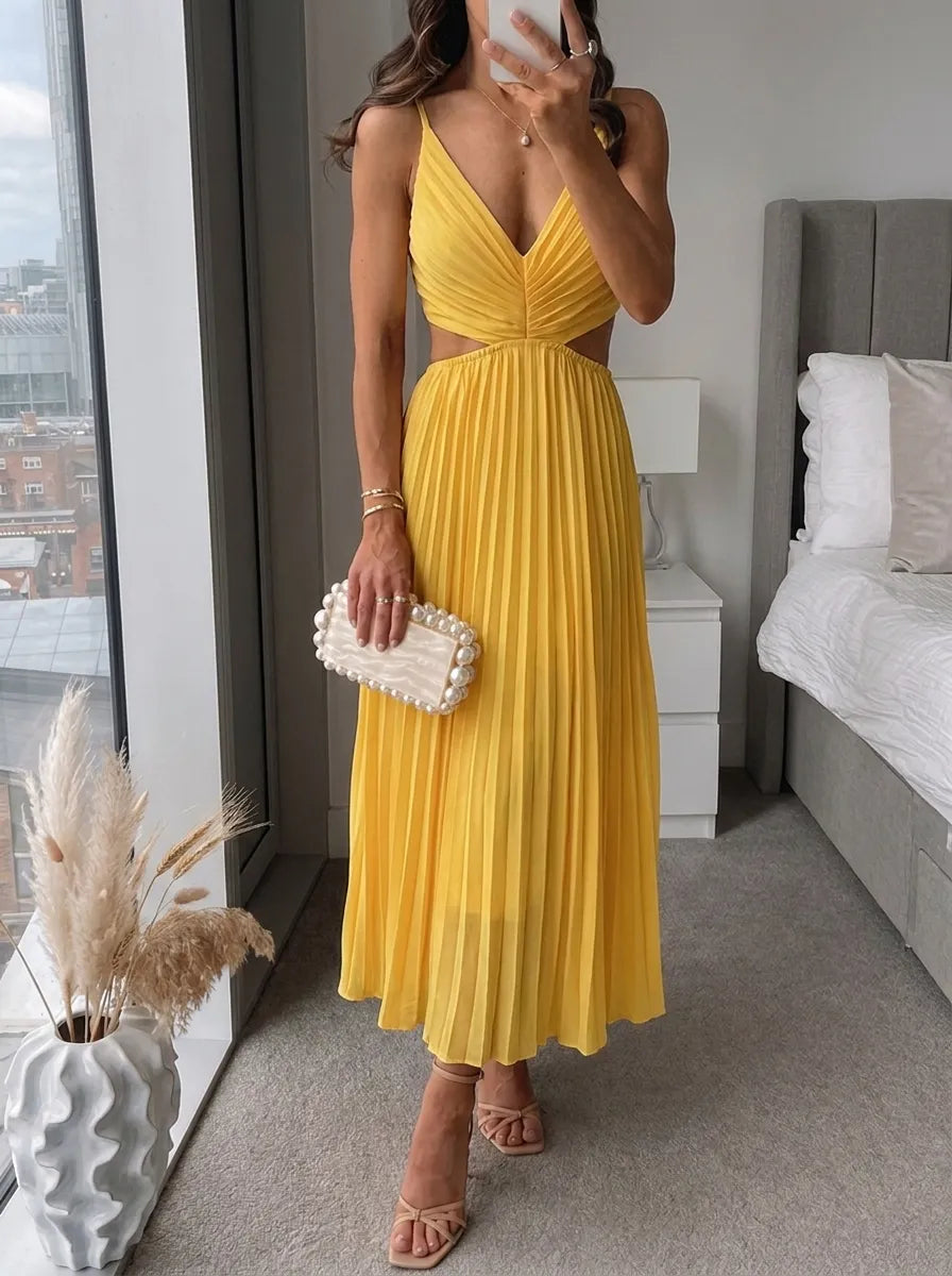 Pleated Flowing Maxi Dress – Yellow