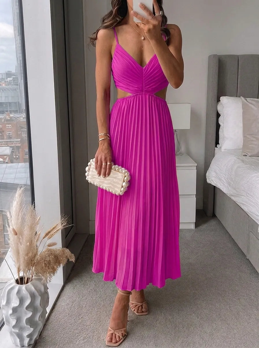 Pleated Flowing Maxi Dress – Dark Pink