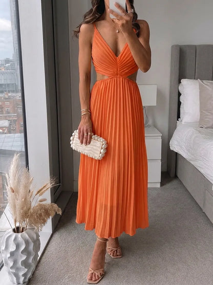 Pleated Flowing Maxi Dress – Orange