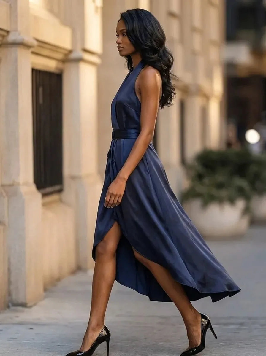 Halter Neck Wrap Waist High Low Maxi Dress – view 2