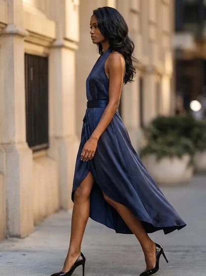 Halter Neck Wrap Waist High Low Maxi Dress – view 2