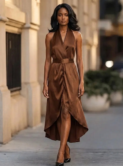 Halter Neck Wrap Waist High Low Maxi Dress – Brown