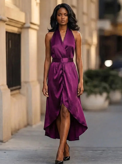 Halter Neck Wrap Waist High Low Maxi Dress – Fuchsia