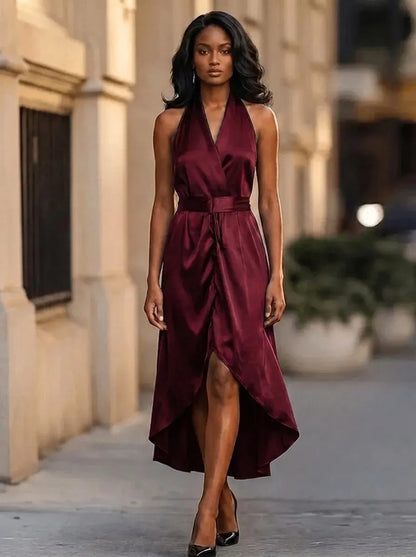 Halter Neck Wrap Waist High Low Maxi Dress – Burgundy