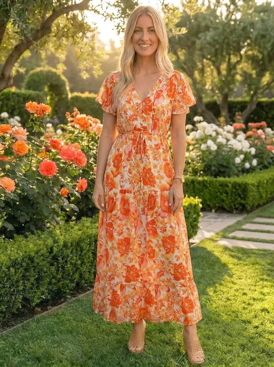 Orange Print Flutter Sleeve Midi Dress – Orange