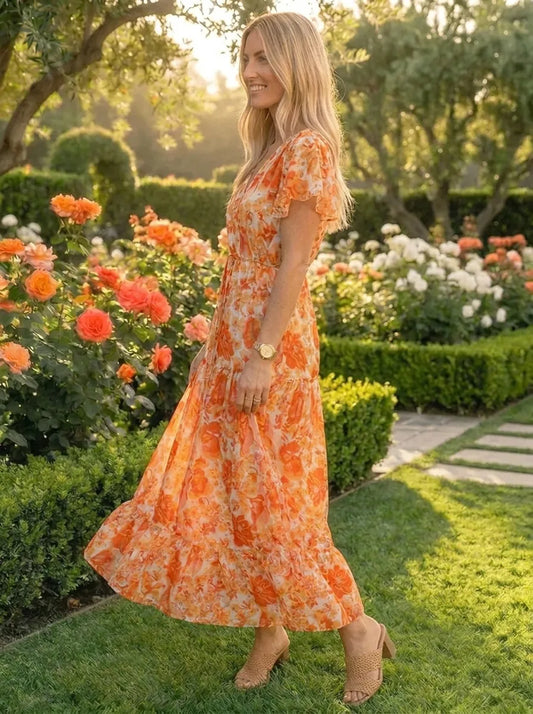 Orange Print Flutter Sleeve Midi Dress – view 2