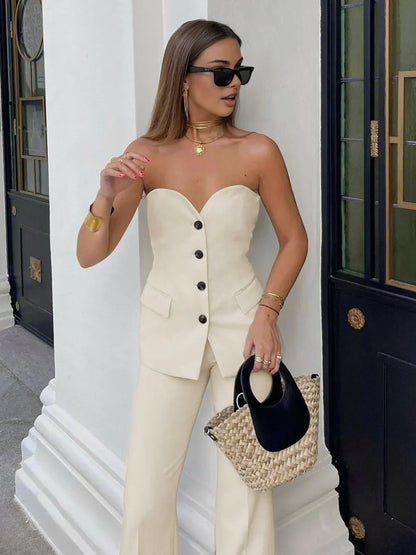 Beige Corset Top & Wide Leg Pants Set – lifestyle shot, three-quarter view