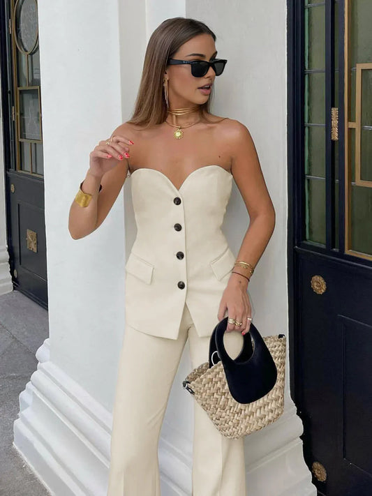 Beige Corset Top & Wide Leg Pants Set – lifestyle shot, three-quarter view