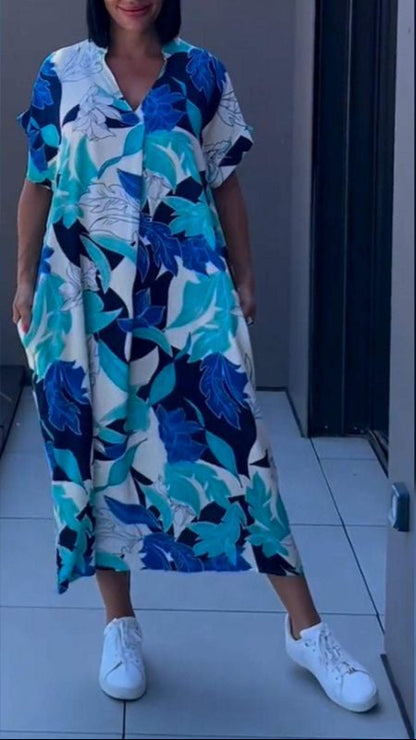 Floral V-Neck Flowing Midi Dress – Blue