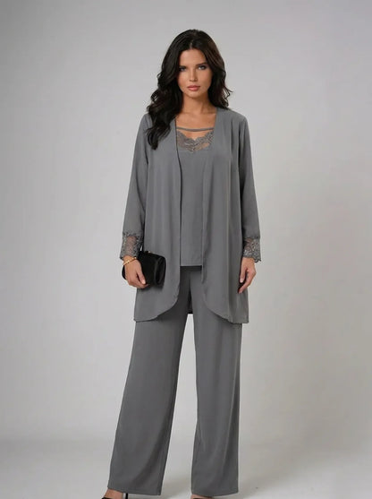 Lace Trim Three Piece Pants Set – Grey