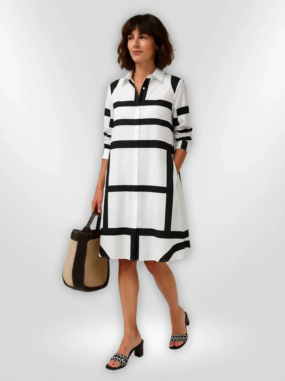 Geometric Print Collared A-Line Midi Dress – Black