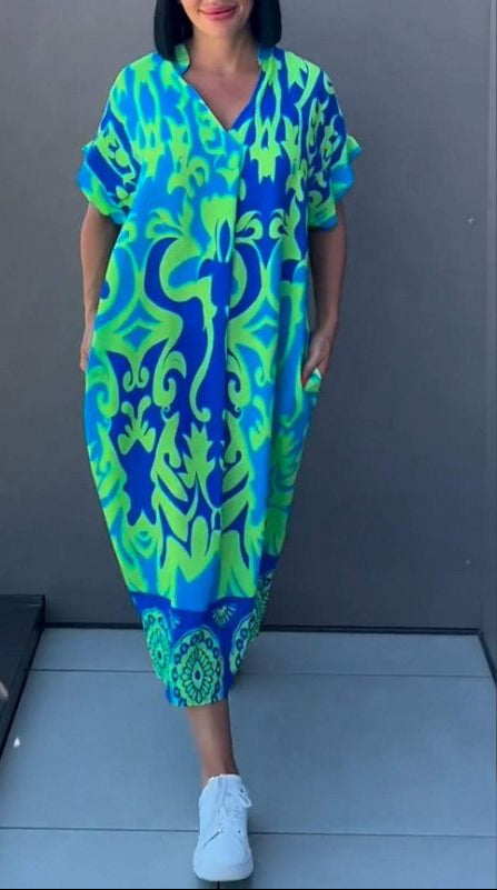 Floral V-Neck Flowing Midi Dress – Green