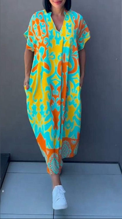 Floral V-Neck Flowing Midi Dress – Yellow