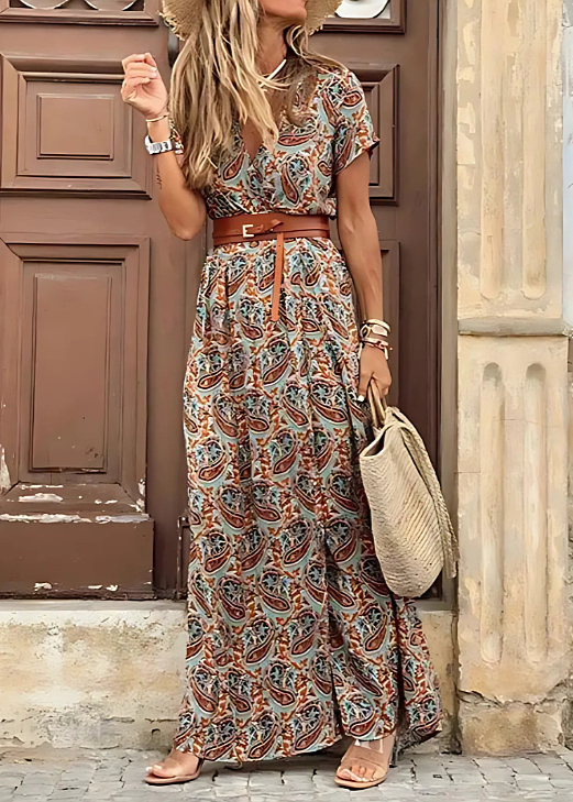 Boho Print Gathered Waist Maxi Dress – Brown